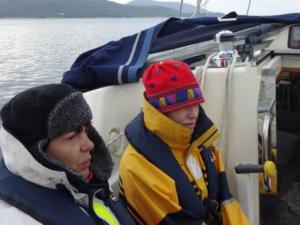 Paula and Lucy feeling the cold in Scotland on the Caledonian Canal